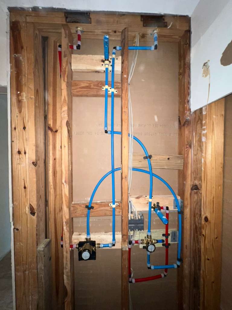 Shower plumbing rough-in with water lines